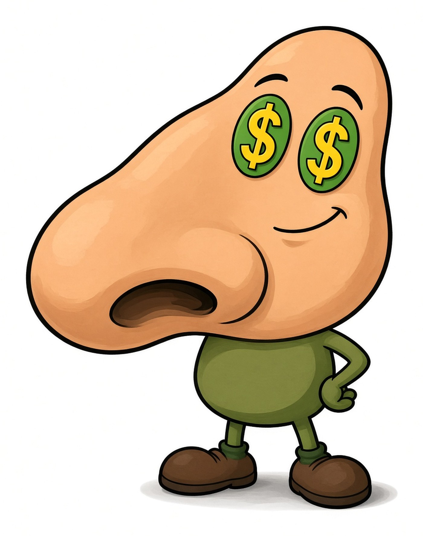 The Nose Money guy: a big friendly nose with dollar-sign eyes, a green sweater and brown shoes